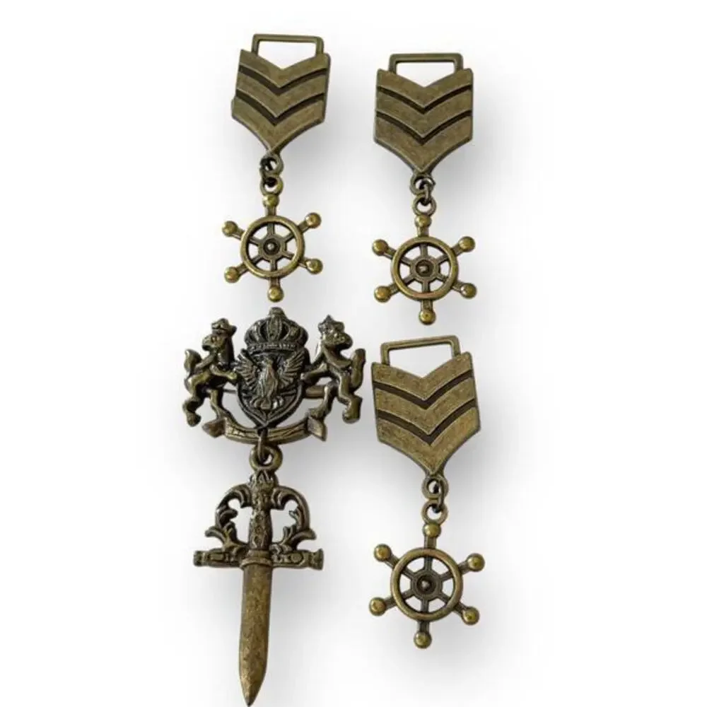 Vintage Bronze Tone Royal Crown Crest Lion Sword Pin & Three CS Naval Badge Set
